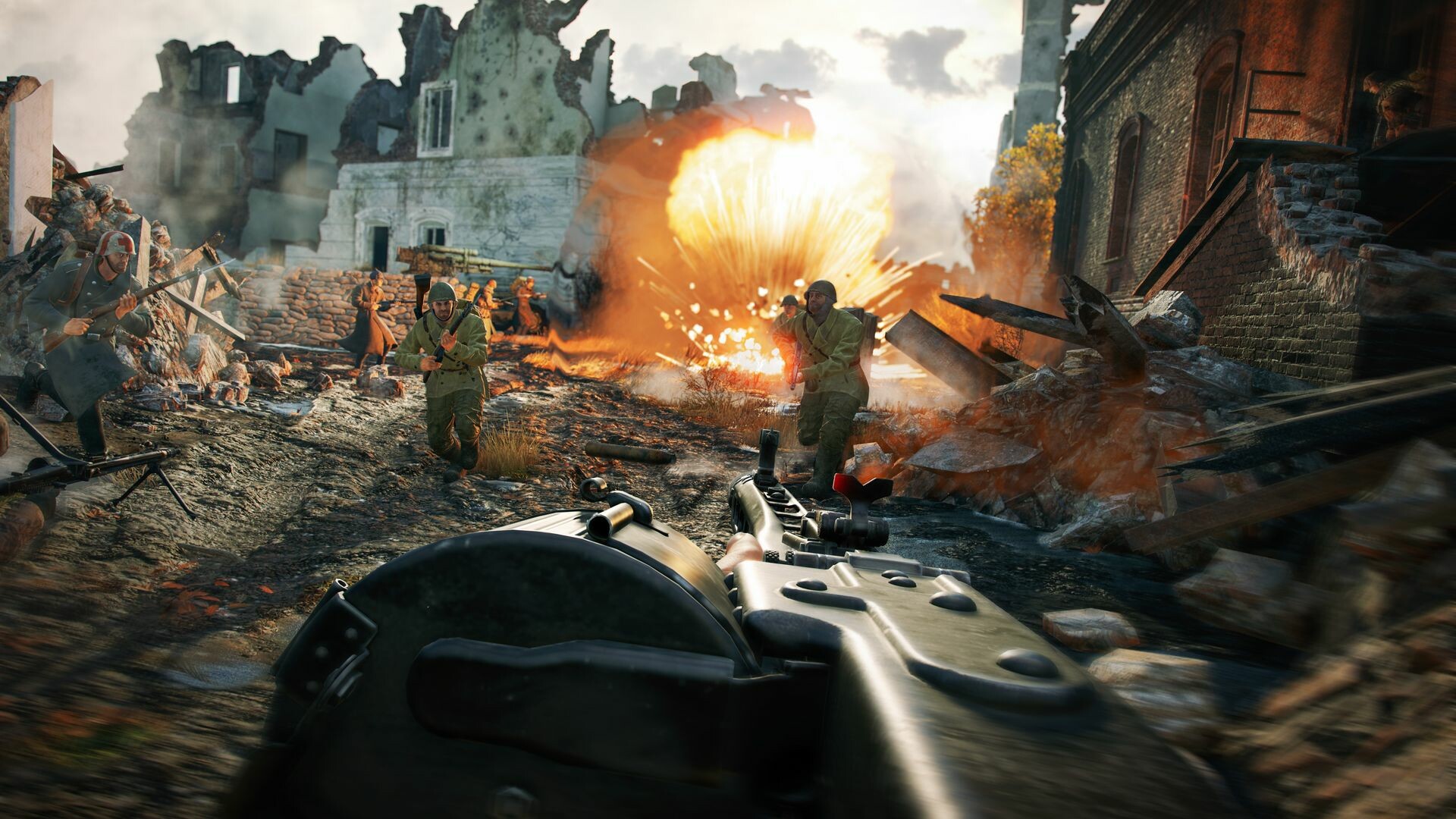 Enlisted in-game screenshot showing WWII infantry combat with AI squad