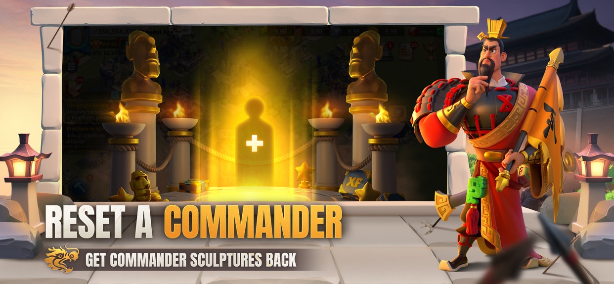 Rise of Kingdoms promotional key art showing civilization leaders and army